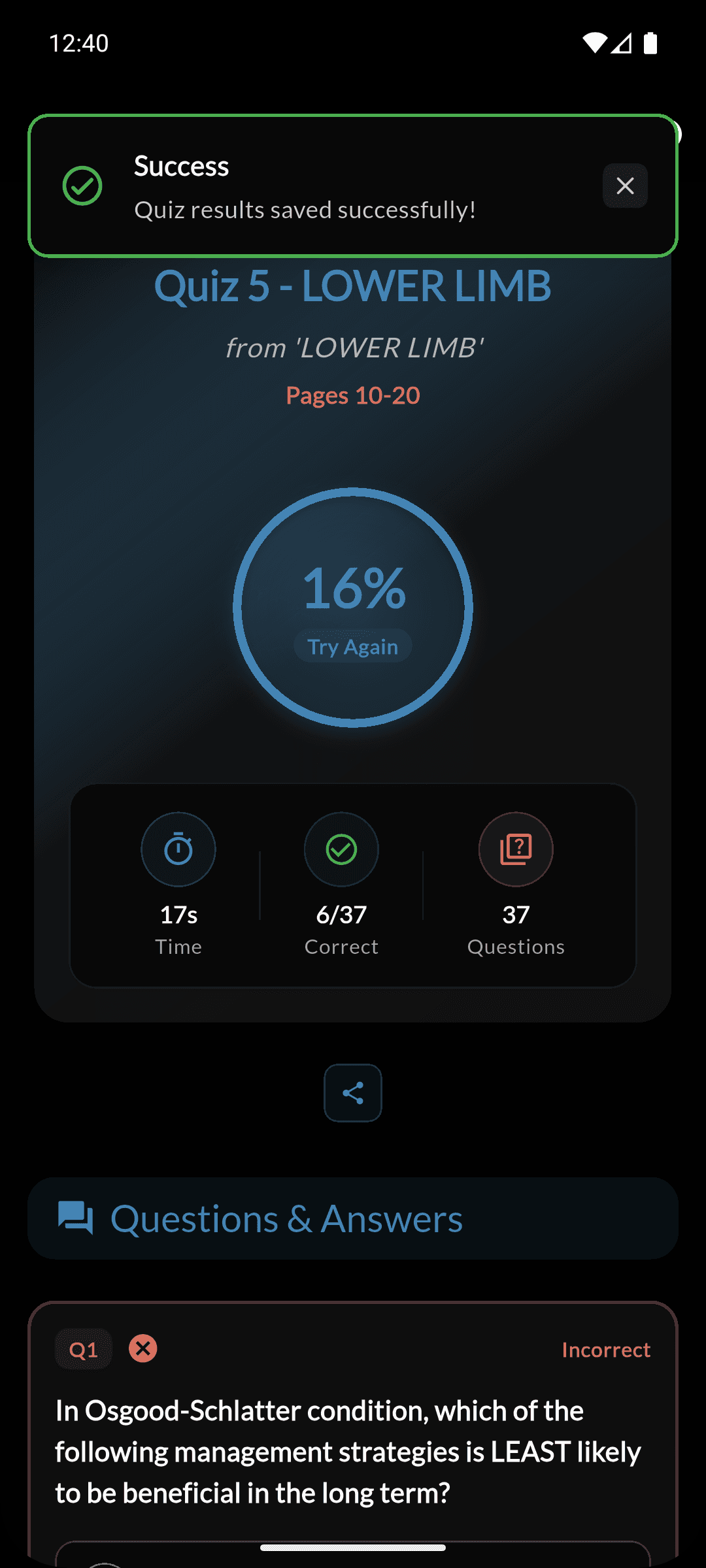Quiz result screen - Set and track learning goals