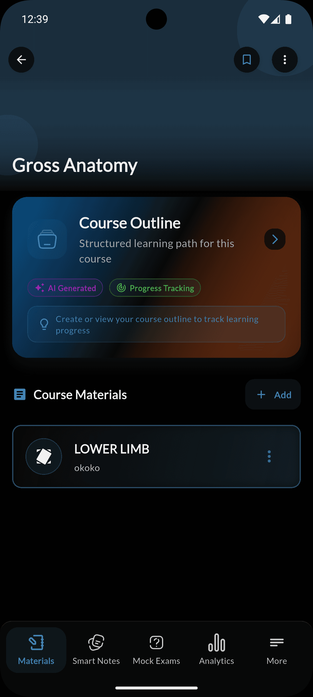 Course screen - Organize study materials