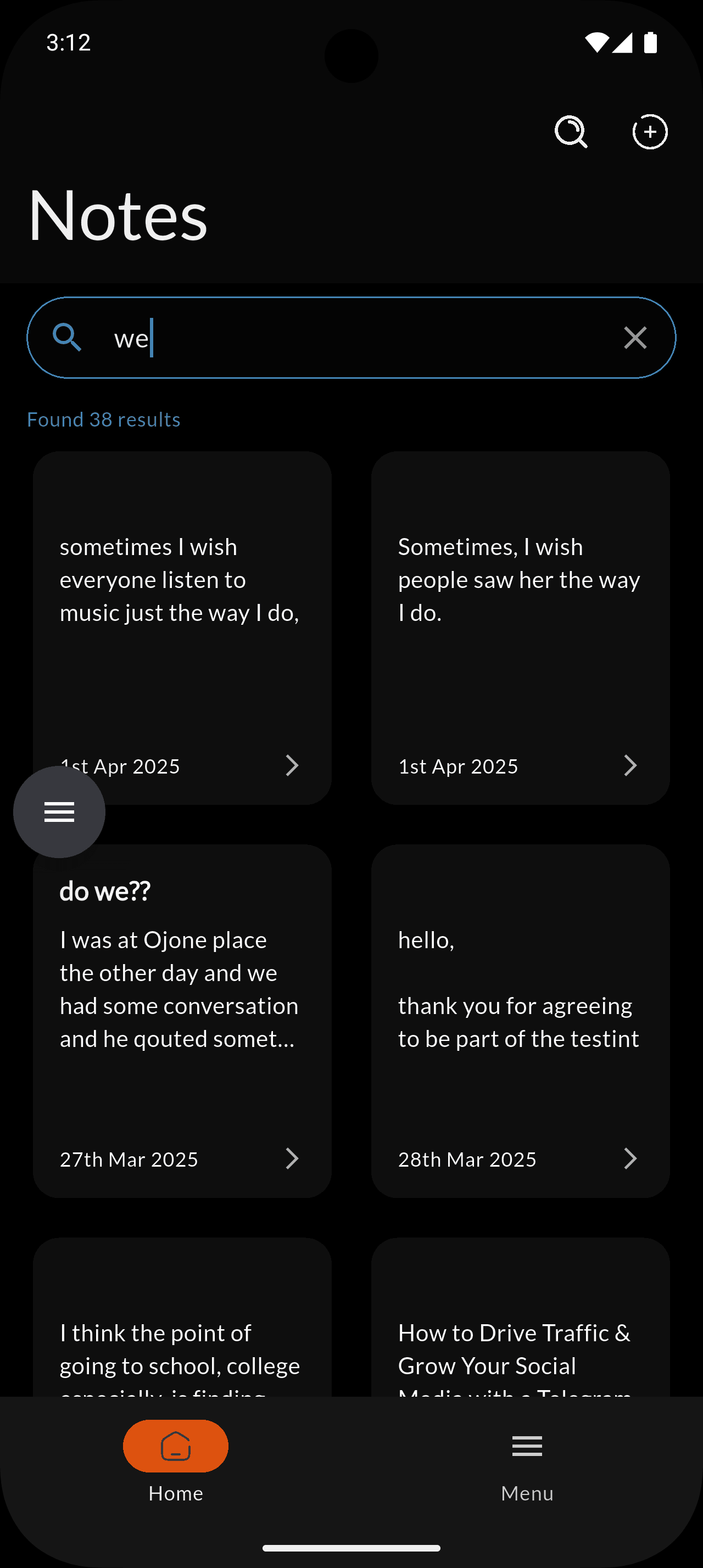 Home Screen - Main dashboard with notes overview